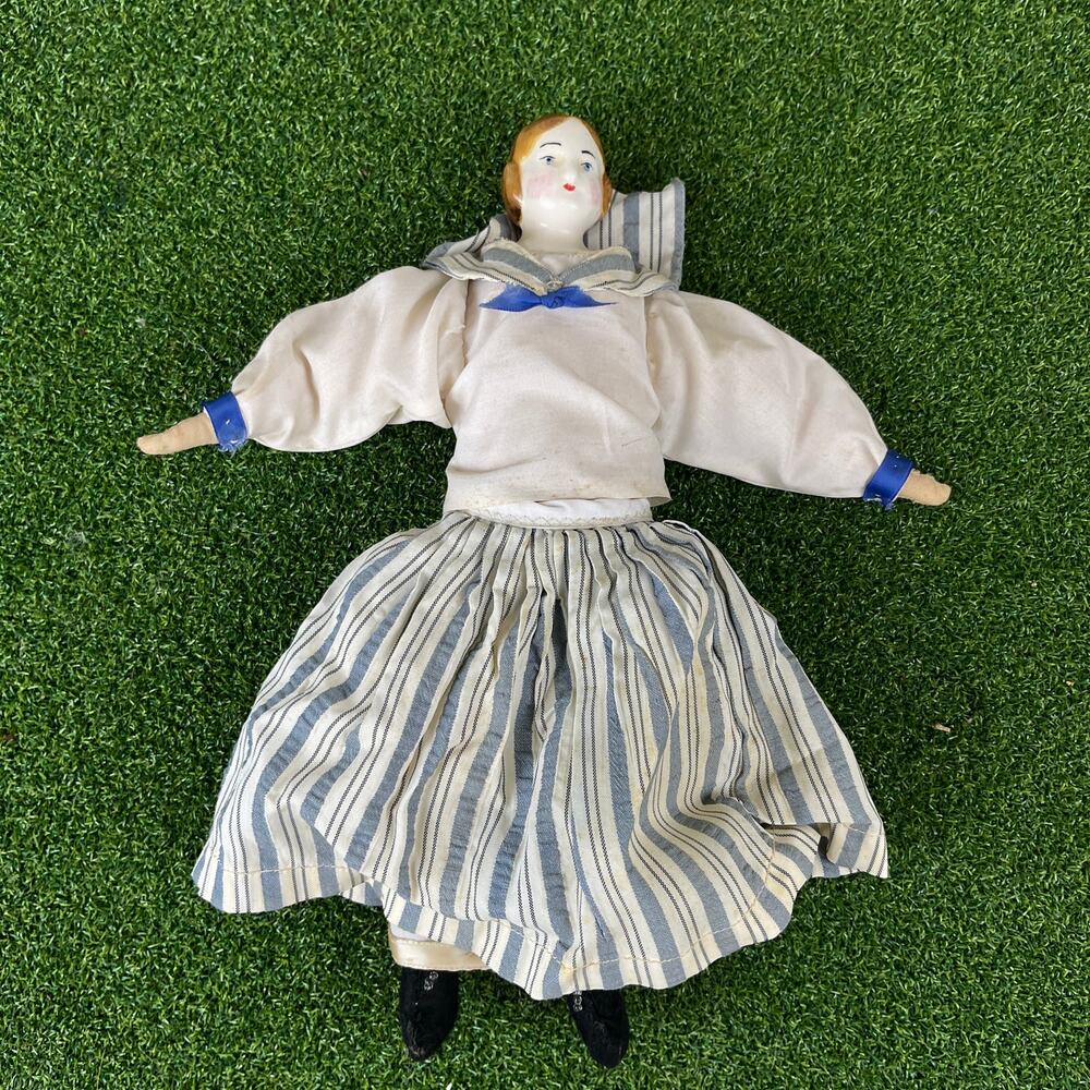 Antique German Low Brow China Head Doll Cloth Body Sailor Dress 11"